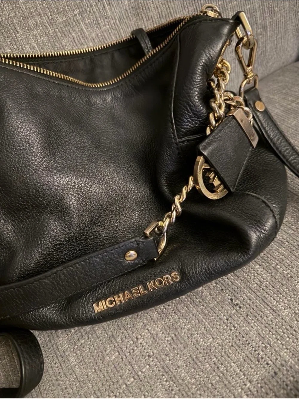 Michael Kors Black Leather Hobo Shoulder Bag with Gold Hardware
